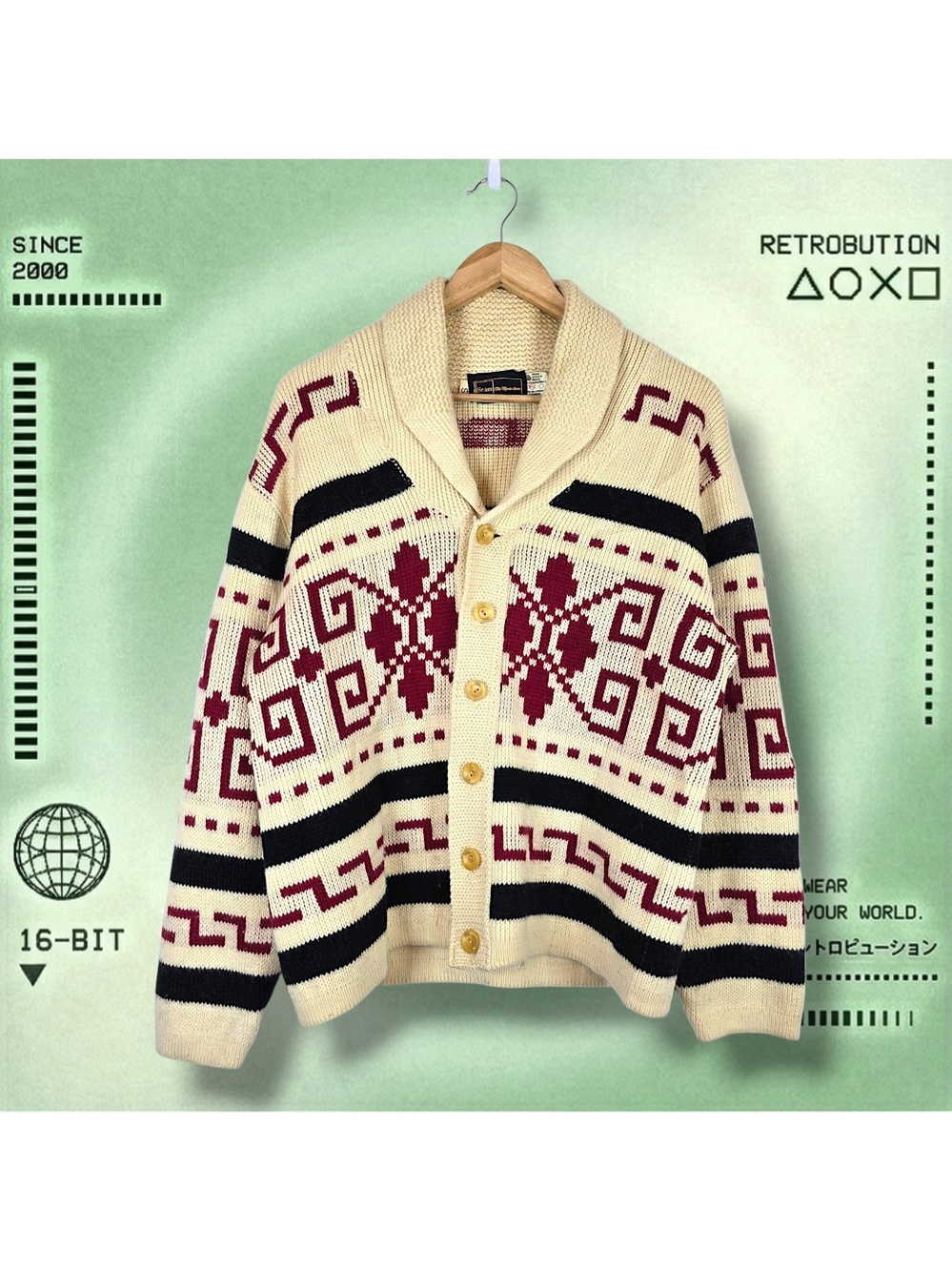 Vintage 80s Sears Cowichan Style Cardigan Knit Sweater White Size S